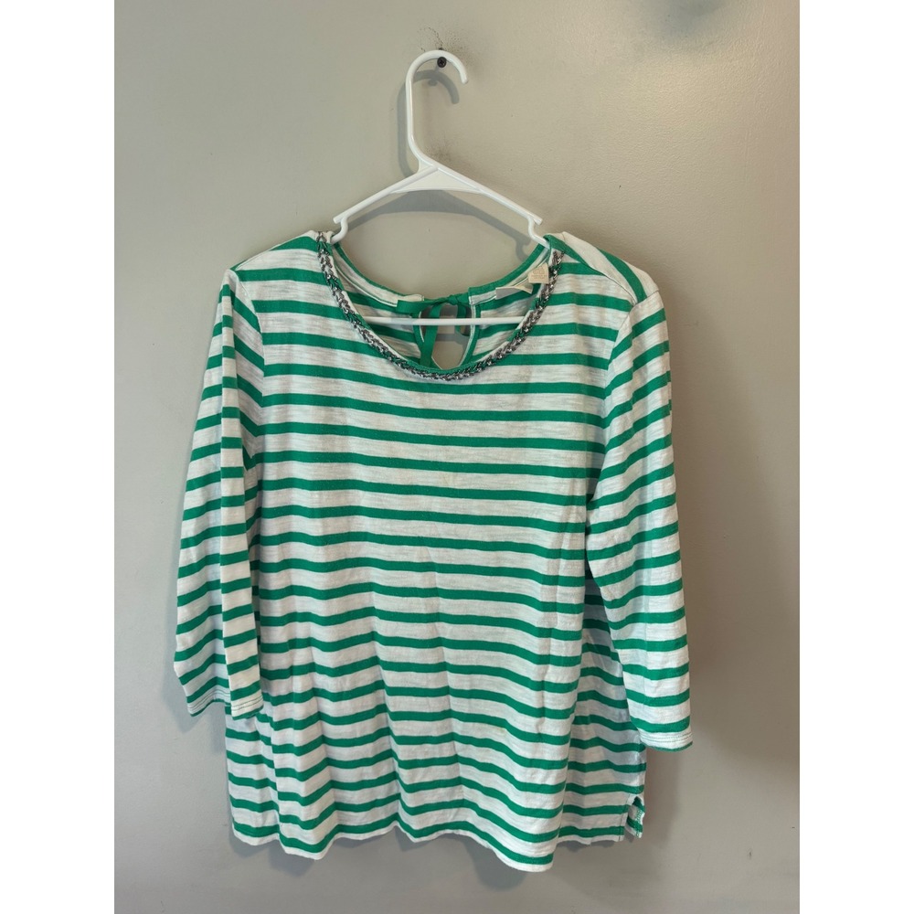 Chicos Green White Striped Chain Neck‎ Keyhole Back Top 3P Petite L XL